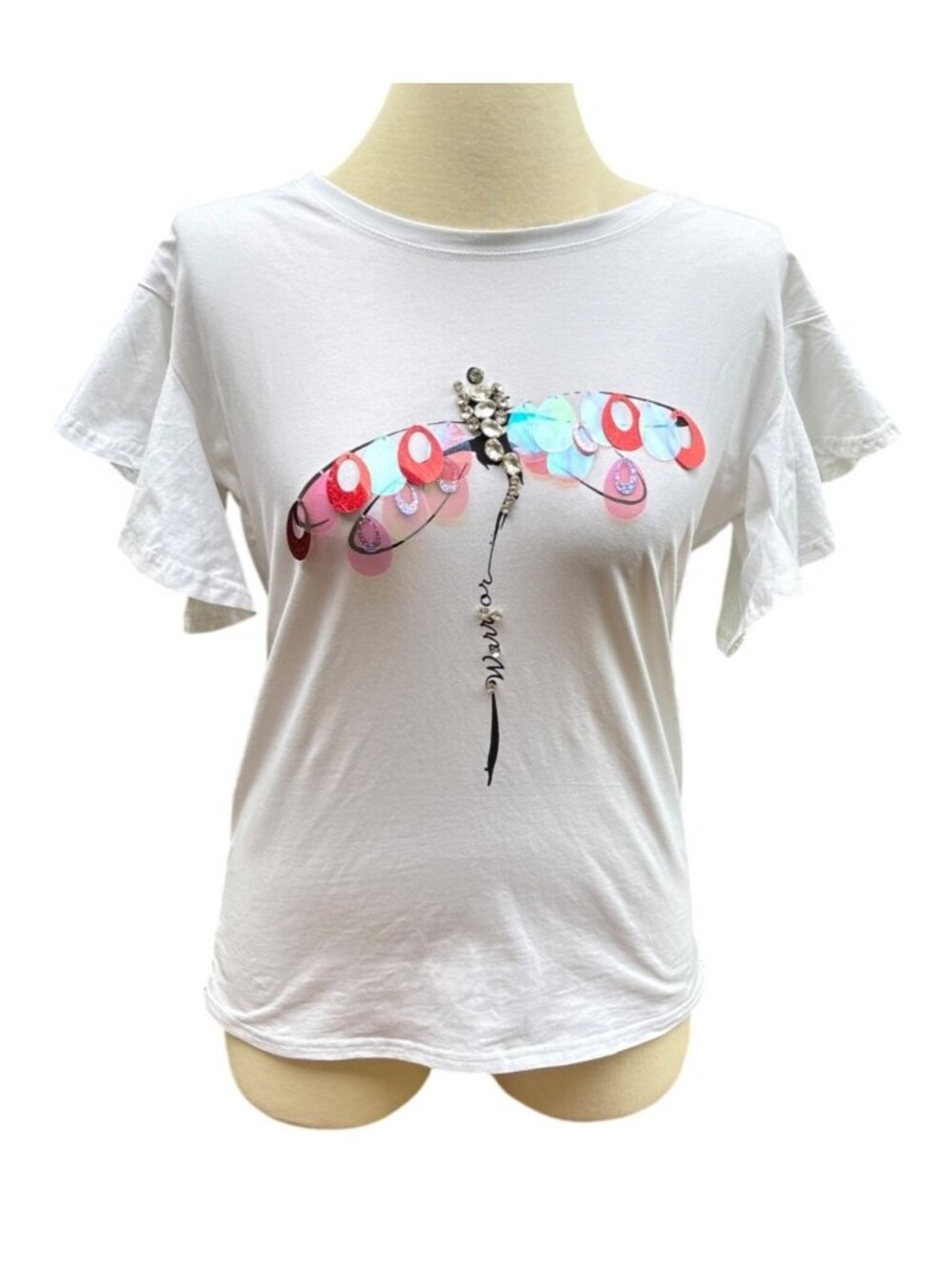 Vinizbena Womens White Dragonfly T-Shirt Rhinestone Flowy Sleeves Size Large